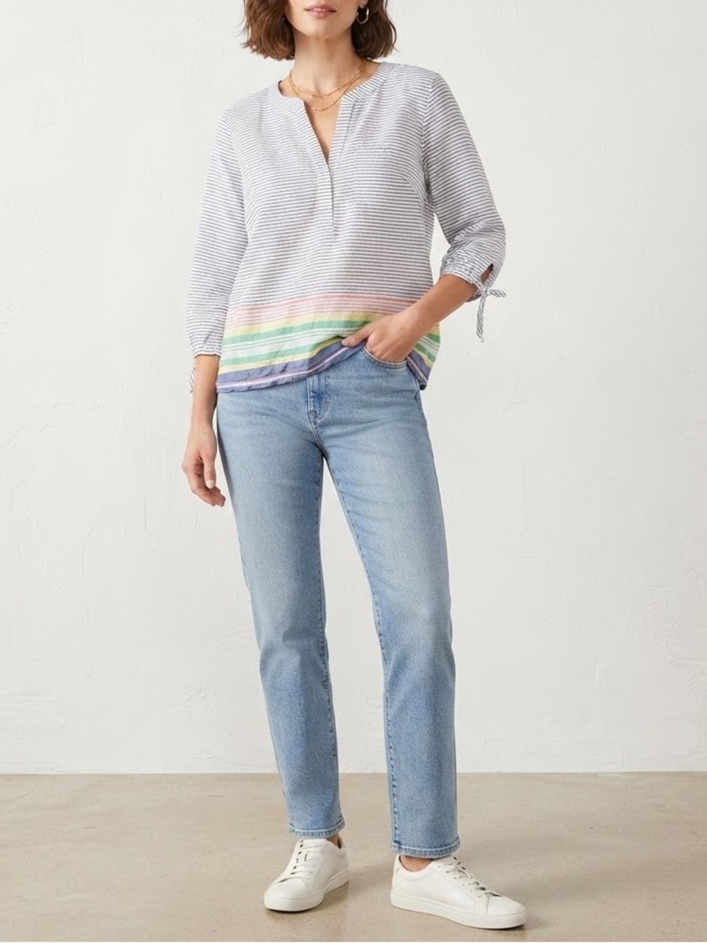 Chicos Navy and White Striped Popover with Rainbow Hem